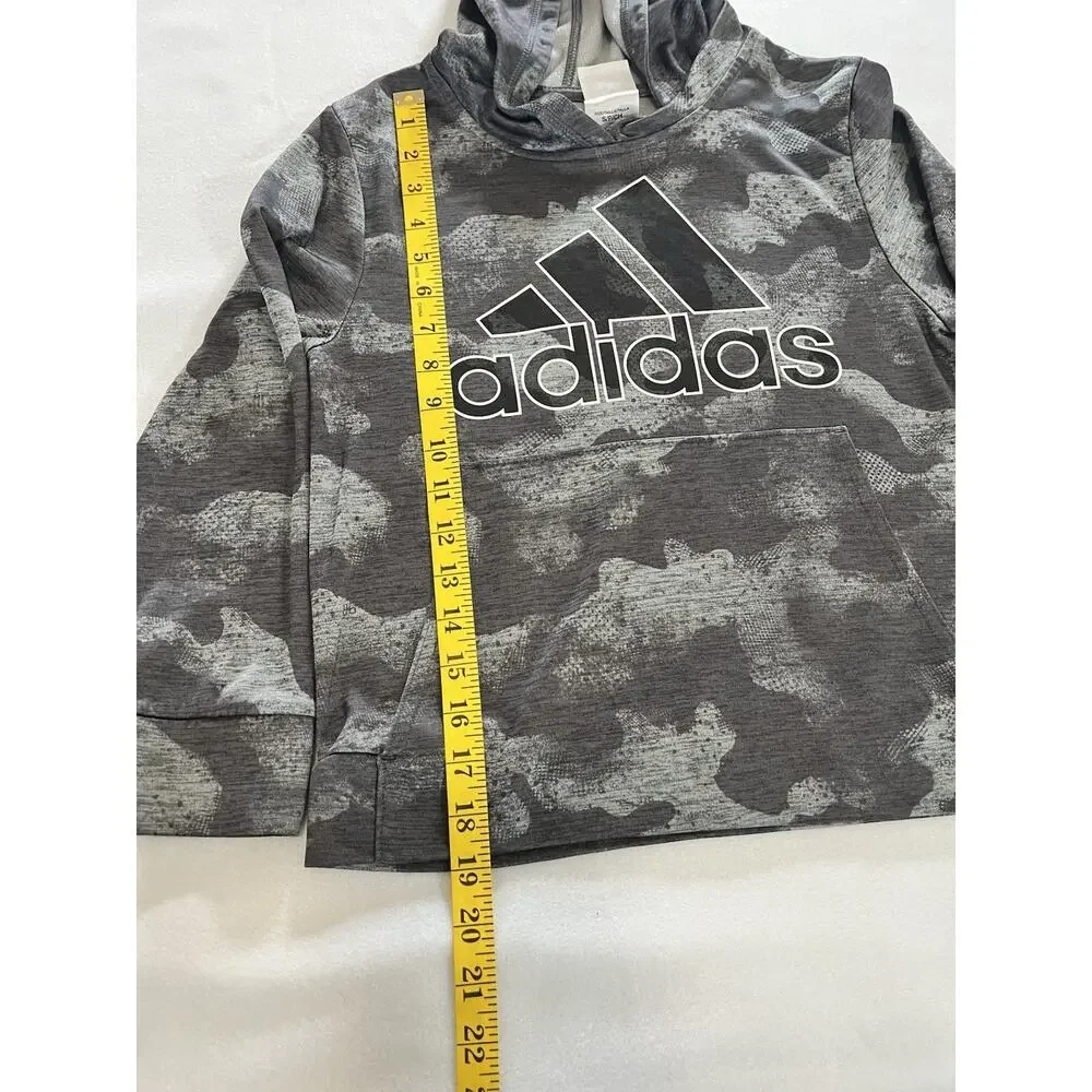 Adidas Boys Size 8 Gray/Black Camo Pullover Hoodie Fleece Polyester Logo Pockets